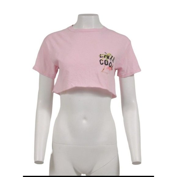 Livin Cool Womens The Webster Crop Top Small Pink Raw Hem Floral Palm Tree Shirt - Picture 1 of 10